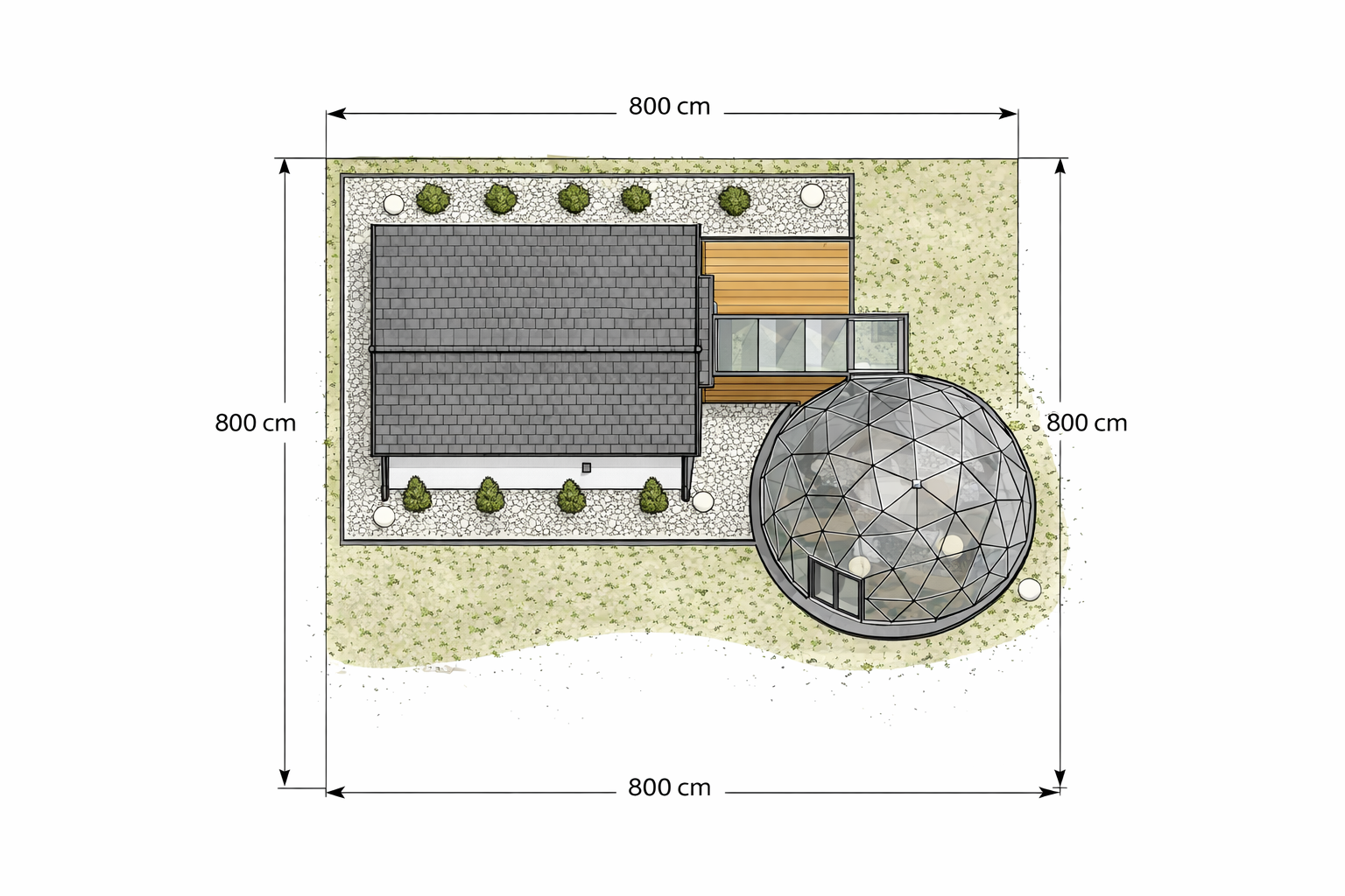 Rzut z góry: domek do 35 m² z kopułą 7 m na działce 8 × 8 m